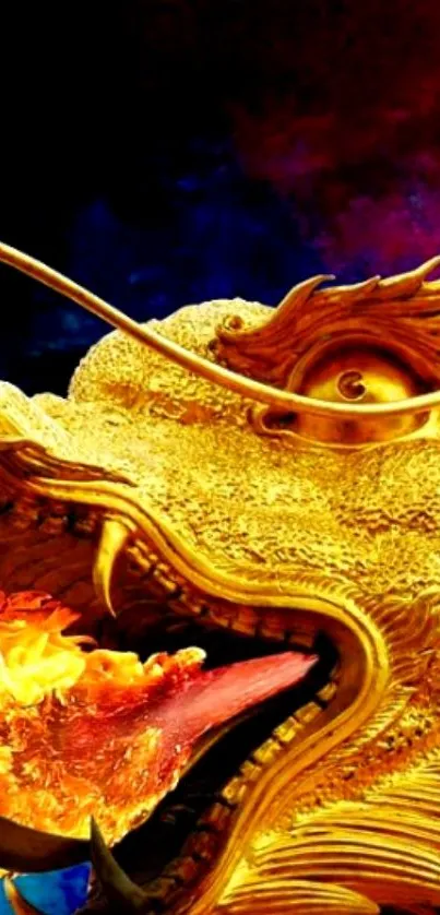 Golden dragon breathing fire art wallpaper with vibrant colors.