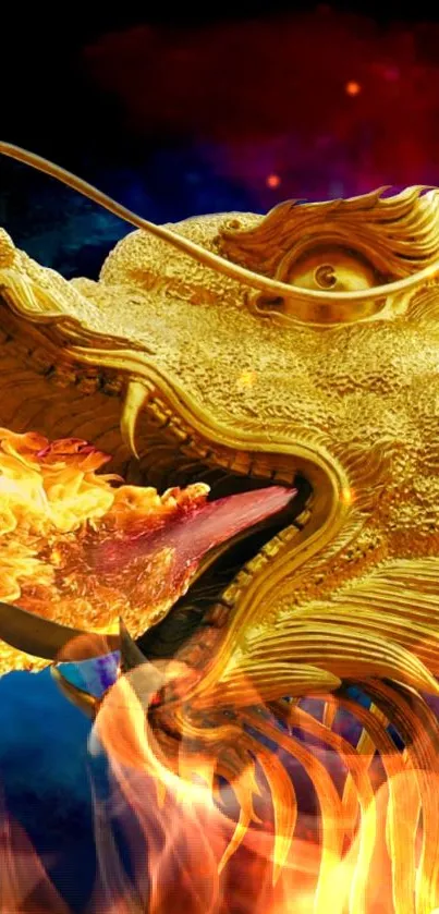 Golden dragon breathing fire with vibrant flames in a mystical fantasy design.