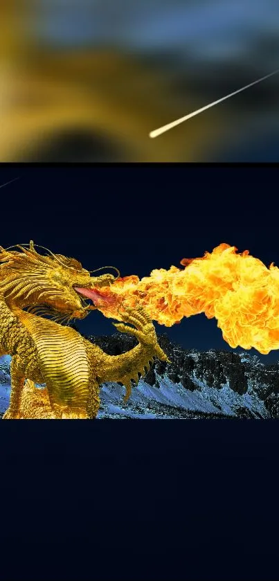 Golden dragon unleashes fire against dark snowy mountain backdrop.