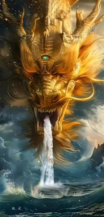 Golden dragon with flowing mane over stormy seas in fantasy art style.