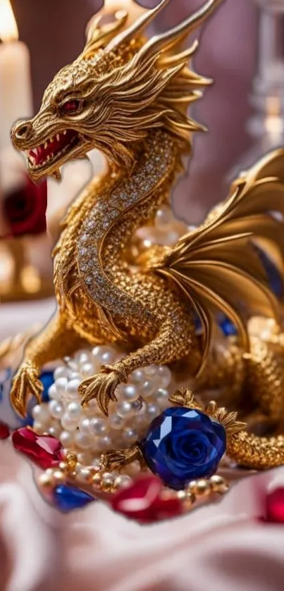 Luxurious gold dragon with pearls and roses on a decorative background.