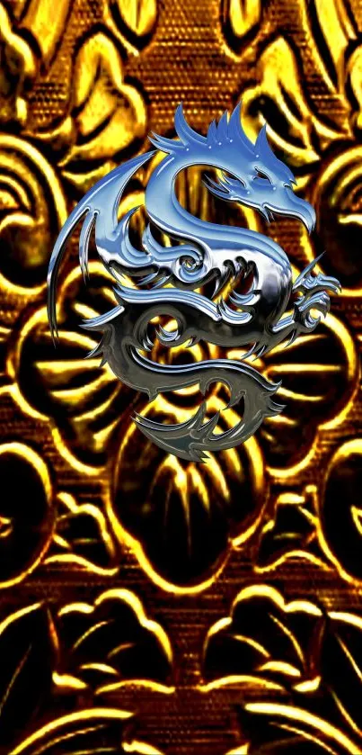 Silver dragon on gold ornate background, bold and elegant design.