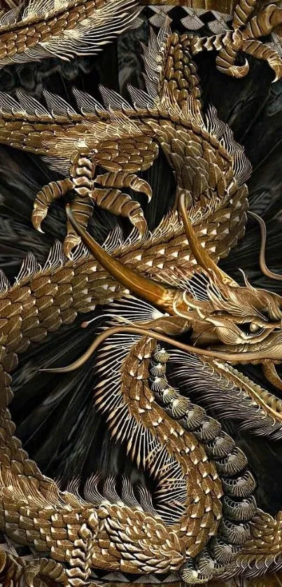 Intricate golden dragon on dark background mobile wallpaper.