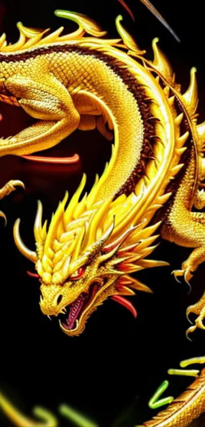 Stunning golden dragon with vibrant colors on a mobile wallpaper background.