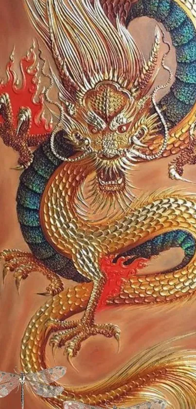 Golden dragon with fiery red and blue highlights on an orange background.