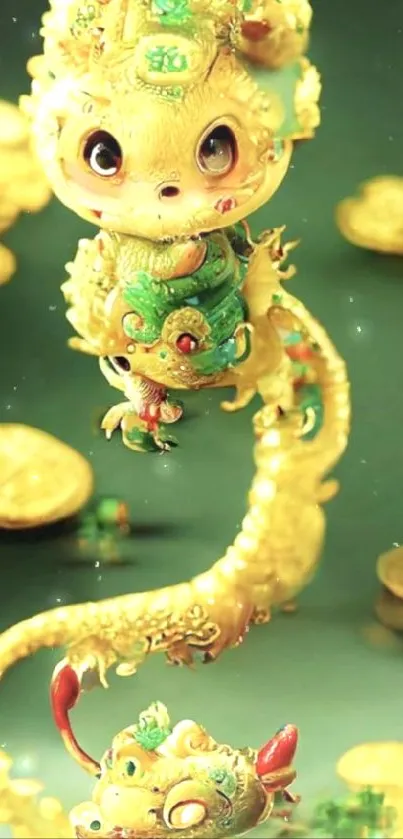 Intricate golden dragon design mobile wallpaper, featuring gold coins.