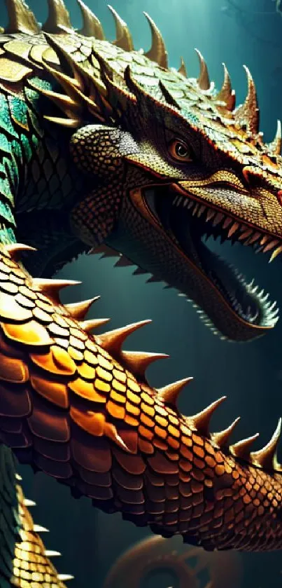 Golden dragon artwork with scales in a dark green fantasy setting.