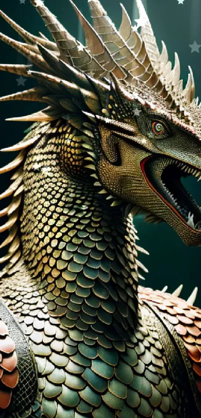 Stunning golden dragon with detailed scales in a mystical mobile wallpaper.