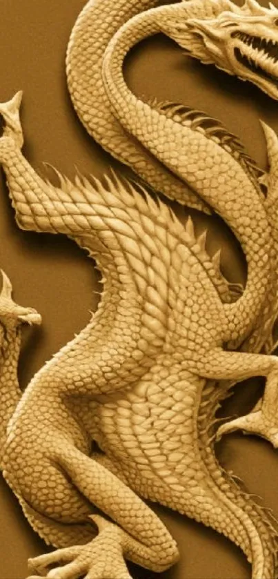 Golden dragon with detailed scales on a brown background.
