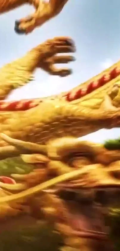 Golden dragon with vibrant scales in a dynamic pose against the sky.