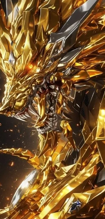 Intricate golden dragon with metallic facets and glowing eyes.