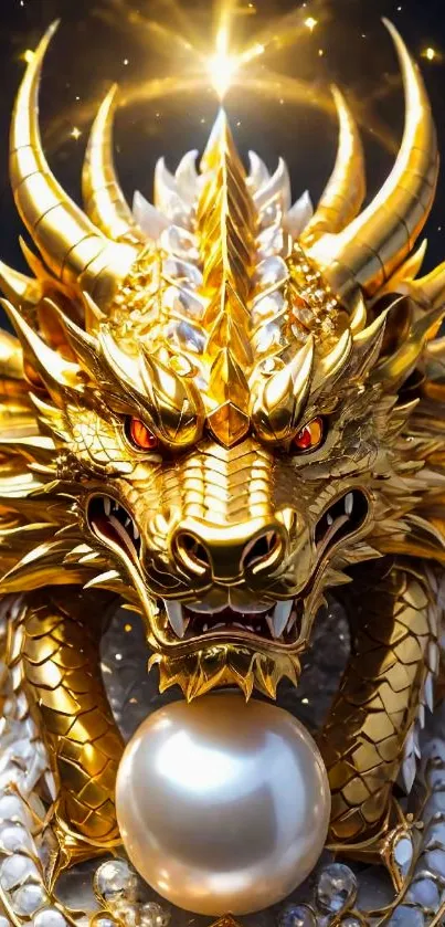 Golden dragon design with intricate details and pearl.