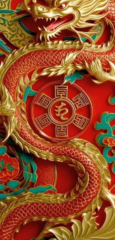 Golden dragon with intricate red background design.