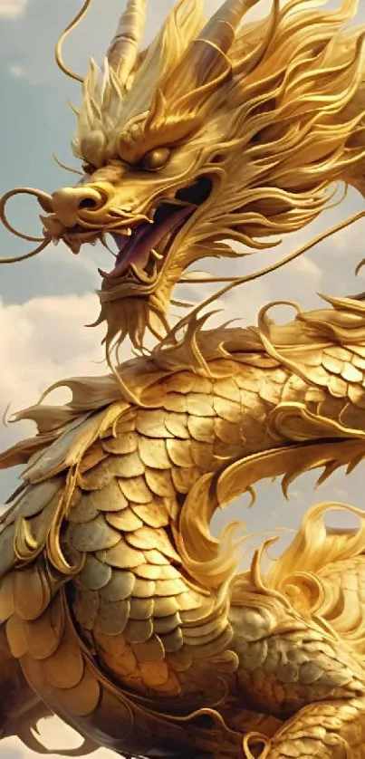 Majestic golden dragon with cloudy sky background, ideal for phone wallpaper.