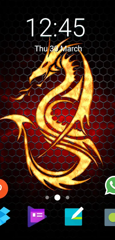 Golden dragon on dark hexagonal background with app icons.