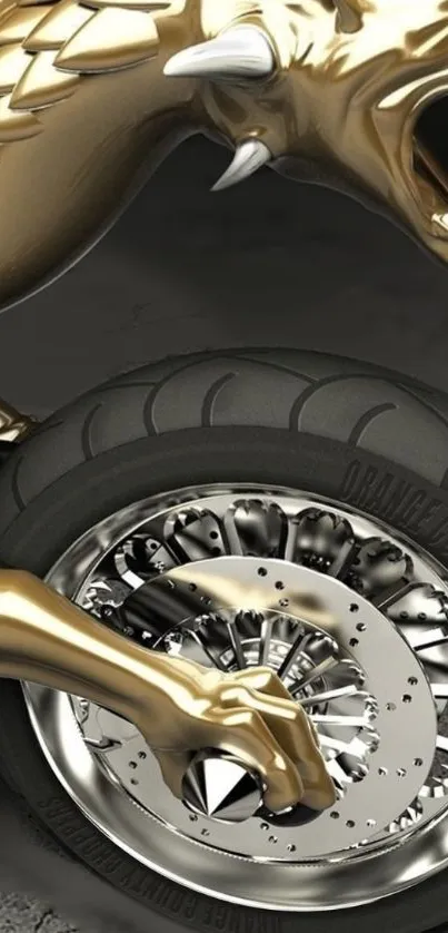 Golden dragon intertwined with motorcycle wheel, rich with detail.