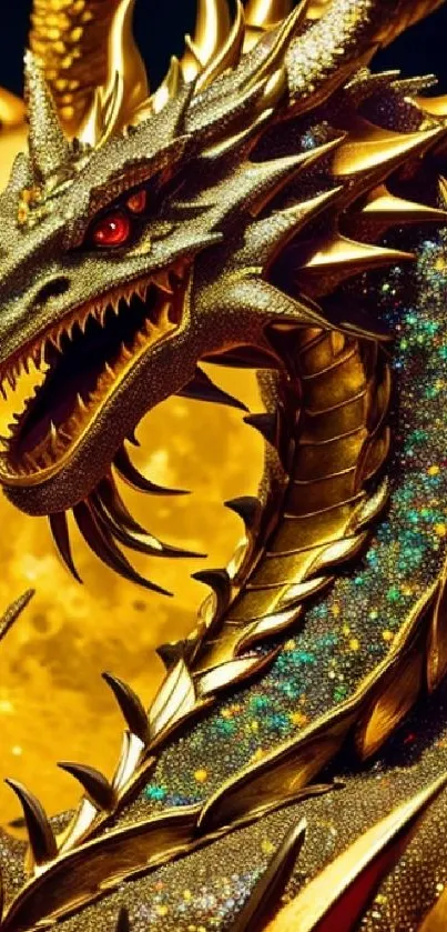 Golden dragon illuminated by the moon, with shimmering scales and striking details.