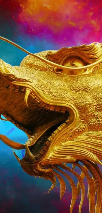 Golden dragon against a multi-colored vivid backdrop.