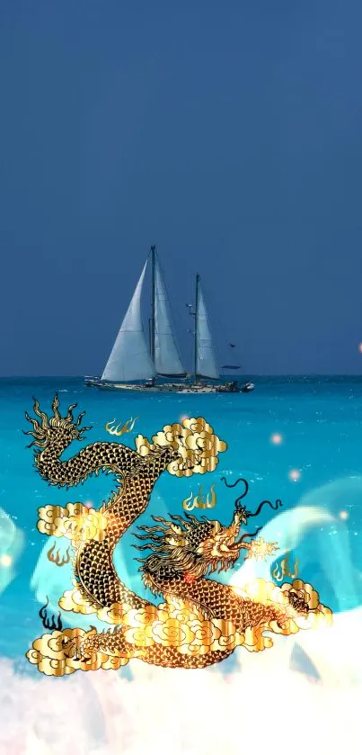 Golden dragon over vivid blue sea with sailboat scene.