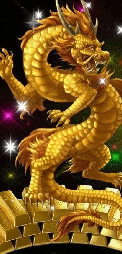 Golden dragon on gold bars with chain border.