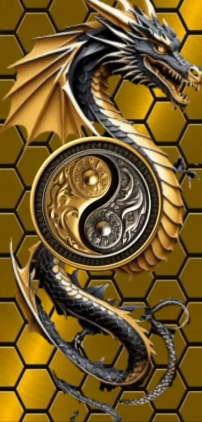 Intricate golden dragon with yin yang symbol on hexagonal pattern background.