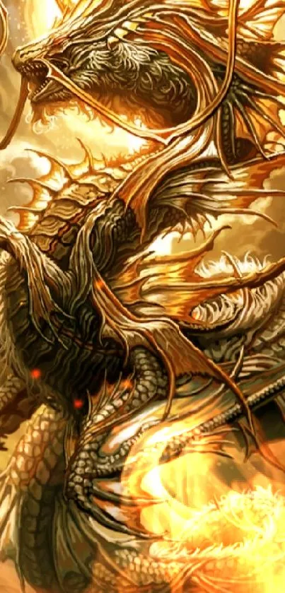 Majestic golden dragon in fantasy art wallpaper.