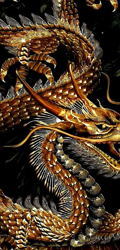 Golden dragon with intricate details on a phone wallpaper.