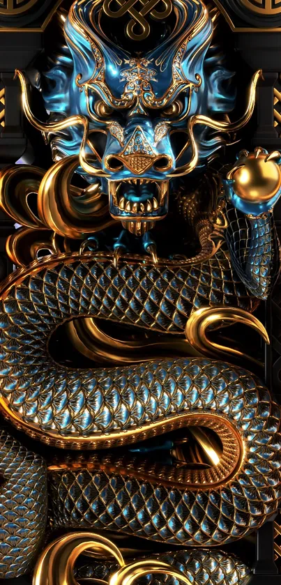 Elegant golden dragon art wallpaper with dark ornate background.