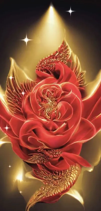 Golden dragon intertwined with a red rose against a black background.