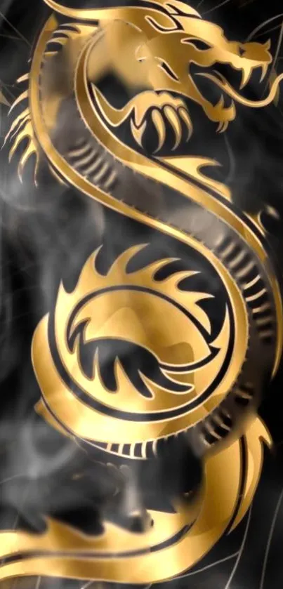 Golden dragon with smoke on black background wallpaper.