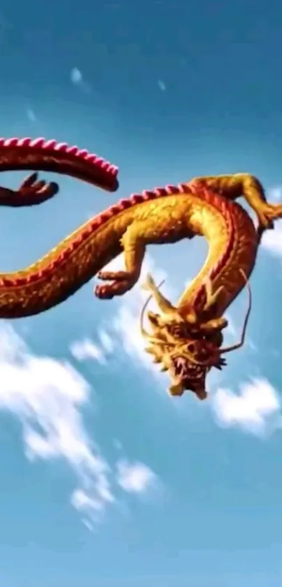 Golden dragon flying in a clear blue sky with fluffy clouds.