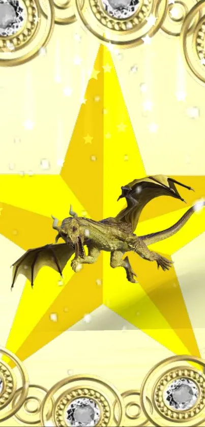 Golden dragon flying over a large yellow star.