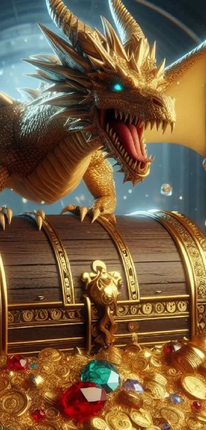Golden dragon atop a treasure chest surrounded by gold coins and gems.