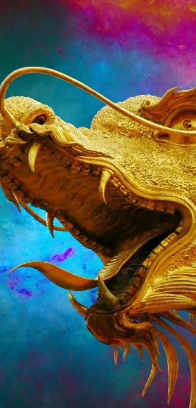 Golden dragon on vibrant colorful background.