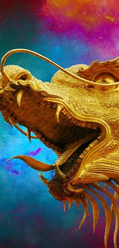 Golden dragon against a vibrant cosmic background.