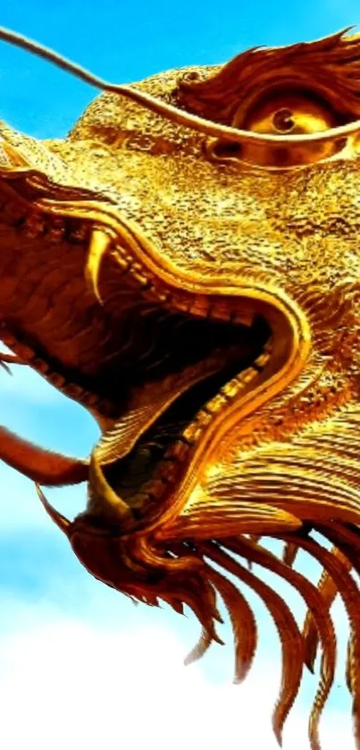Golden dragon head against a blue sky.