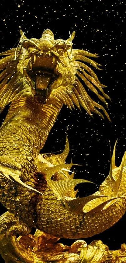 Intricate golden dragon on a black background wallpaper.