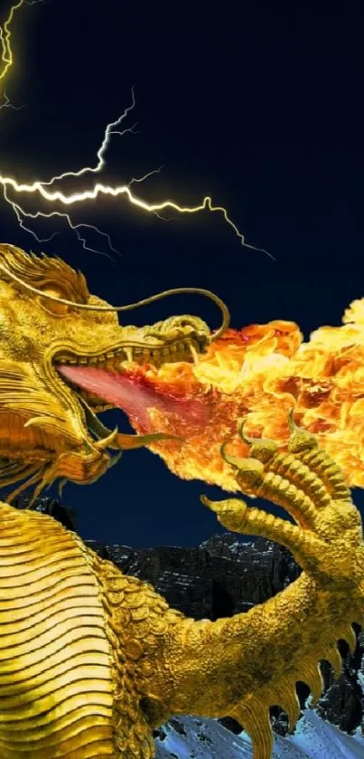 Golden dragon breathing fire in a night sky, vibrant fantasy art wallpaper.