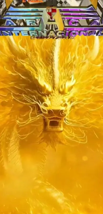 Golden dragon with fiery details on a mobile wallpaper.