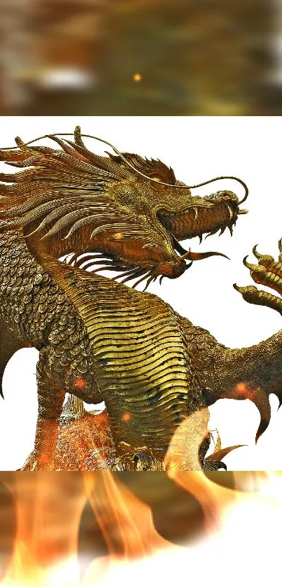 Golden dragon on fiery background, majestic design.