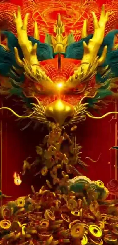 Golden dragon with coins on red background wallpaper.