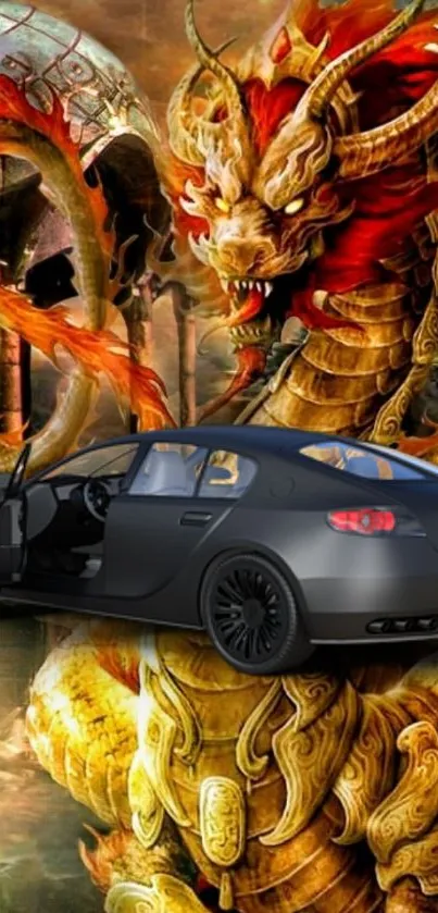 Golden dragon and black car in vivid fantasy art wallpaper.