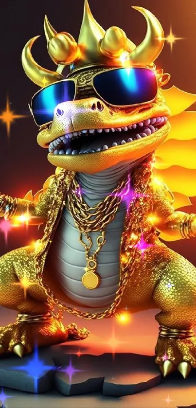 Gold dragon with sunglasses and chains on dark background.