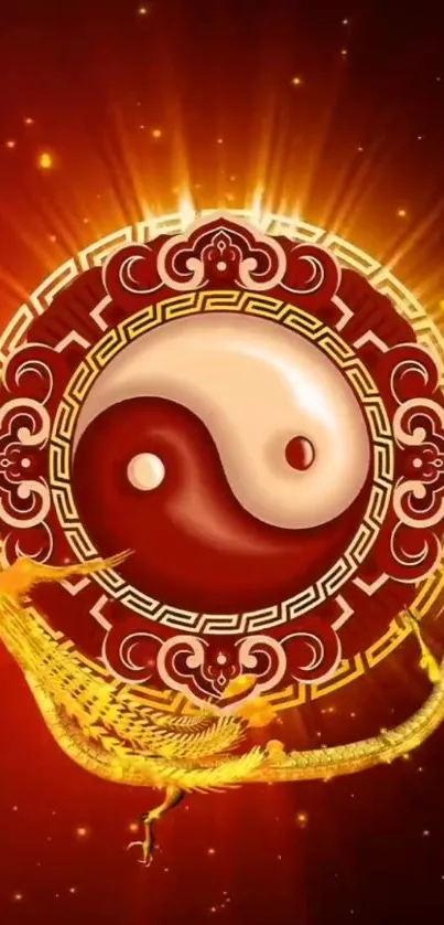 Golden dragon wrapped around a Yin Yang symbol on a fiery red background.