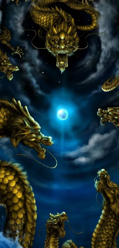 Golden dragons swirl in a mystical dark blue sky.