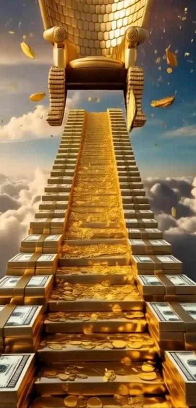 Golden staircase leads to throne above clouds and coins
