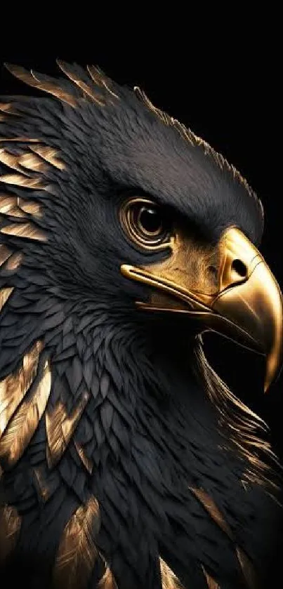 Artistic golden eagle with detailed feathers on black background.