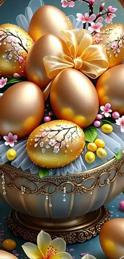 Luxurious golden Easter eggs in a floral-adorned basket.