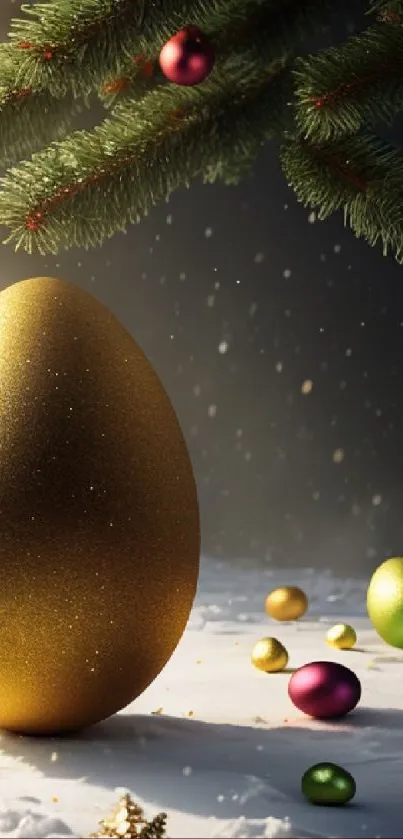 Golden egg and colorful ornaments under evergreen tree branches.