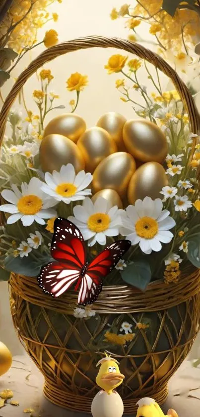 Golden basket with eggs and flowers, adorned by a butterfly.